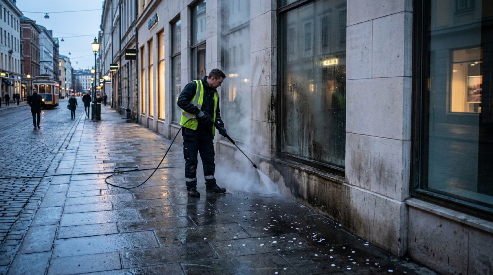 Early morning cleaning of a city pavement and stone shopfront