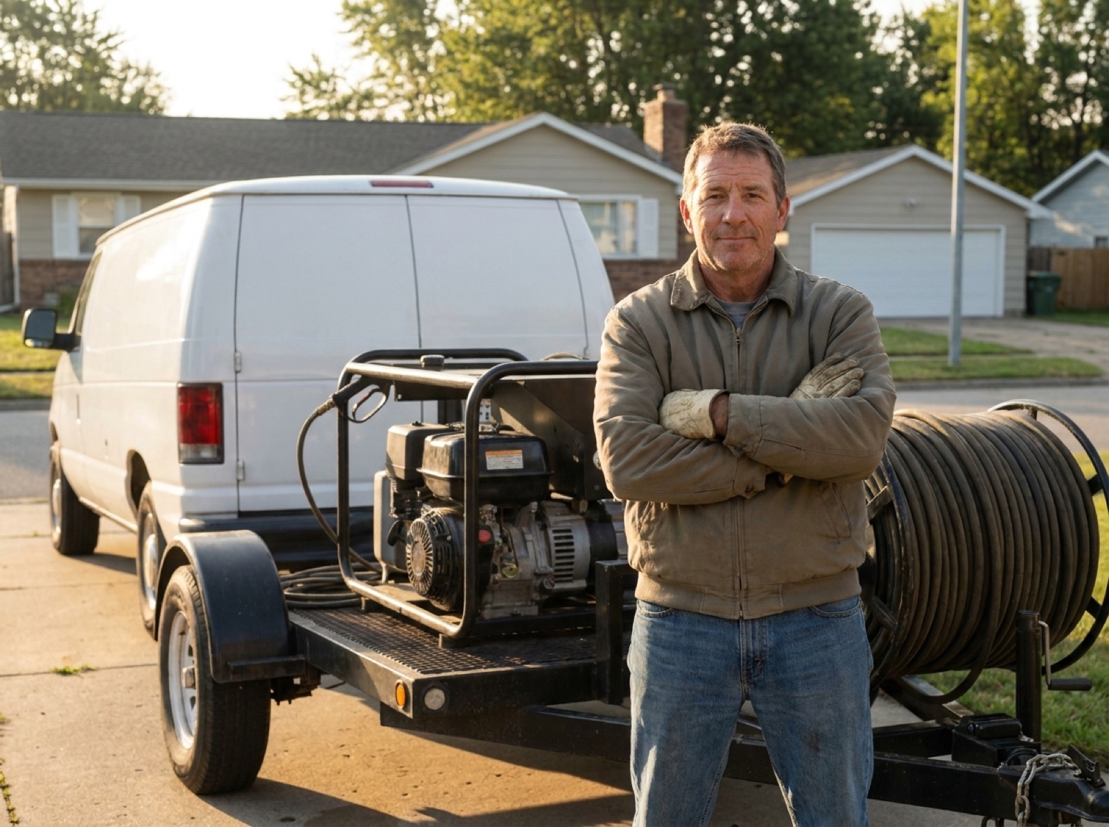 An independent contractor standing beside their own pressure washing equipment