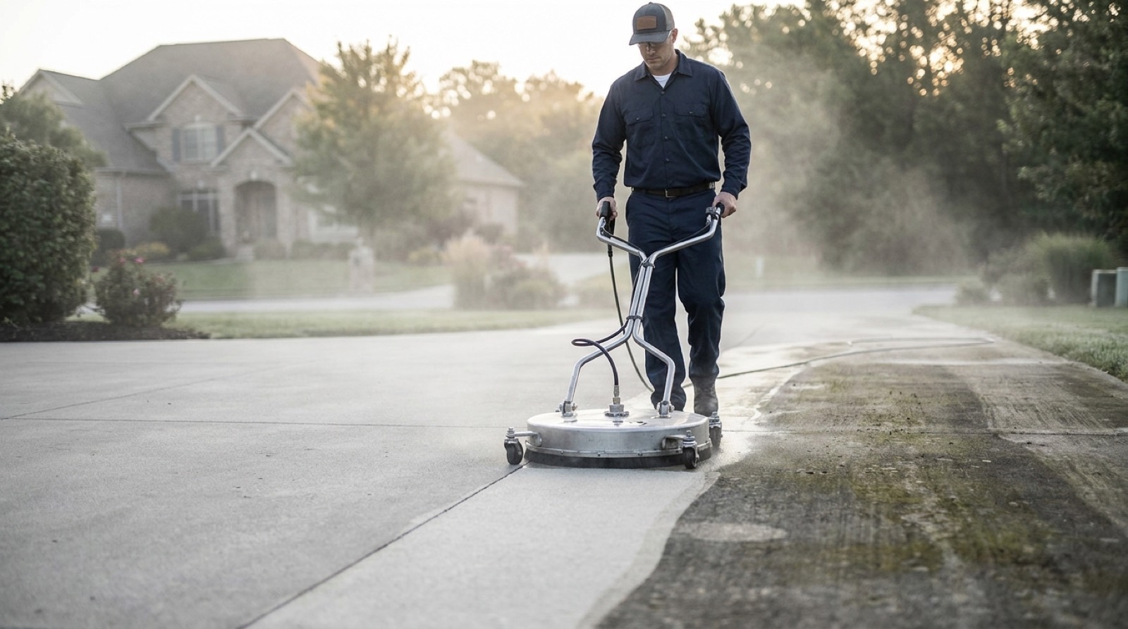 A technician using a rotary surface cleaner on a driveway, with a clear line between the cleaned and uncleaned concrete