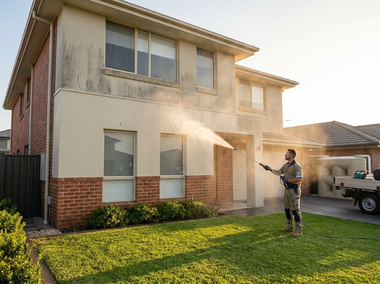 A technician soft washing the render and brick siding of a two storey house at low pressure