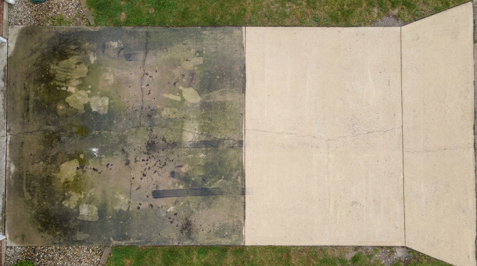 A concrete driveway half cleaned, showing algae and staining on one side and clean concrete on the other